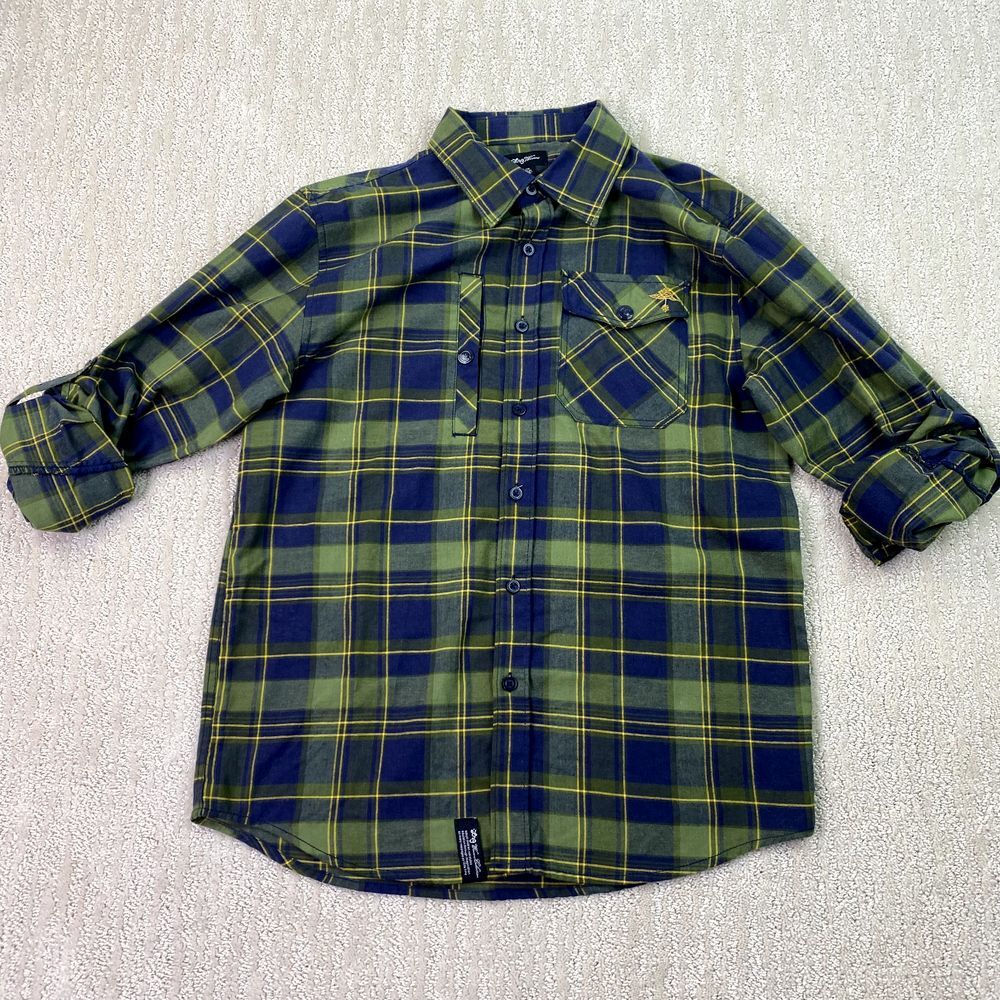 LRG Wovens Button Down Shirt Mens Large Green Plaid Long Sleeve